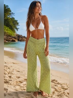 Boho Crochet Beach Cover-Up Pants Sage Green Wide Leg Festival Resort Style